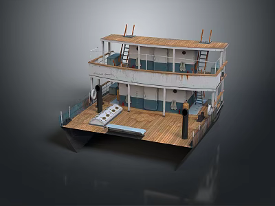 Two Level Wooden Deck Boat Featuring Upper Lower Deck Seating Area And Railing 3d model