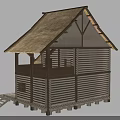 Rustic Log House Architecture With Thatch Roof Wooden Porch Ladder And Wheel Accents