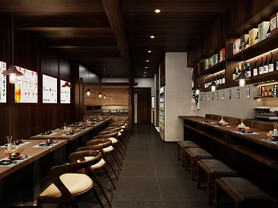 Traditional Dark Wooden Restaurant Interior With Long Tables High Stools Menu Boards And Wine Racks 3d model