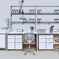 Modern Laboratory Setup With Lab Bench Shelves Microscope Colorful Bottles And Potted Plant