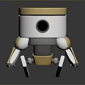 Small Robot With Yellow Top White Body Black Camera Lens Mechanical Legs And Blue Accents