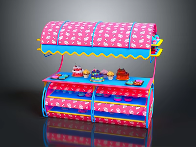 Colorful Food Stall With Pink And Blue Design Displaying Cakes Cupcakes On Shelves 3d model