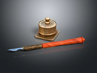 Brass Inkwell And Wooden Handle Letter Opener On Dark Surface 3d model