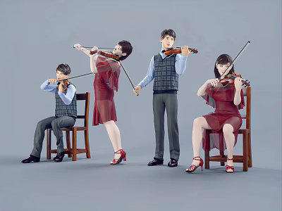 Two Couples Playing Violins In Stylish Attire 3d model