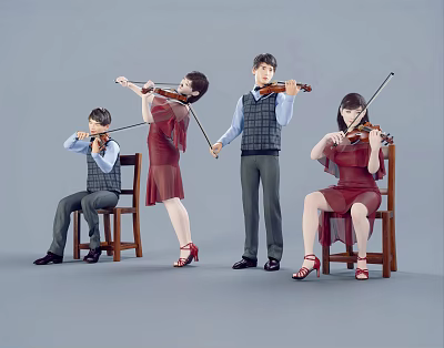 Two Couples Playing Violins In Stylish Attire 3d model