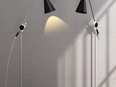 Modern Black Shade Floor Lamps With Curved Silver Poles And Wall Light Shadows 3d model