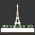 Miniature Eiffel Tower Model Surrounded By Green Trees On Square Platform 3d model