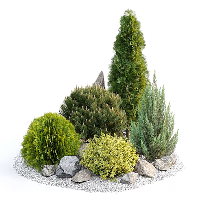 Various Types of Shrubs with Different Shapes and Green Foliage Surrounded by Decorative Stones 3d model