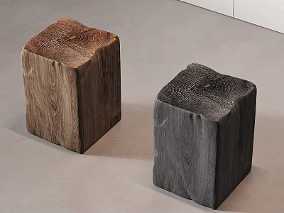 Minimalist Square Wooden Stools With Brown And Dark Gray Wood Grain Texture 3d model