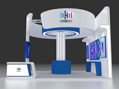 Modern Exhibition Booth with White Blue Circular Top Column Structure and Display Screens 3d model