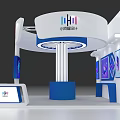 Modern Exhibition Booth with White Blue Circular Top Column Structure and Display Screens