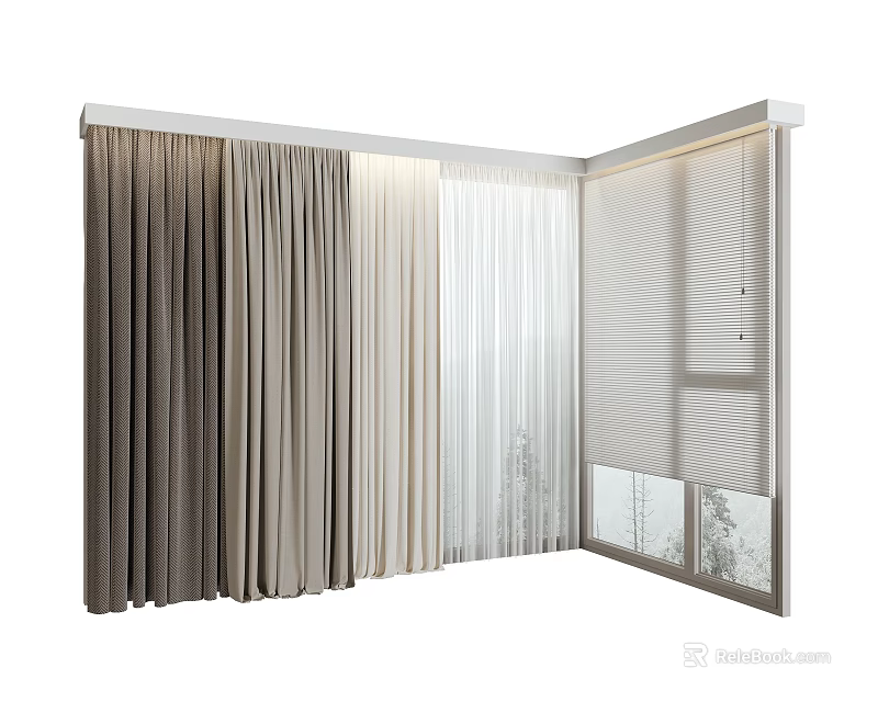 Beige And White Corner Window Curtains With Multiple Textures Sunlight Filtering Shadow Effects 3d model 