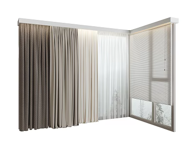Beige And White Corner Window Curtains With Multiple Textures Sunlight Filtering Shadow Effects 3d model
