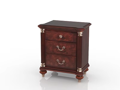 Dark Wood Bedside Table With Three Drawers And Metal Accents On Legs And Handles 3d model