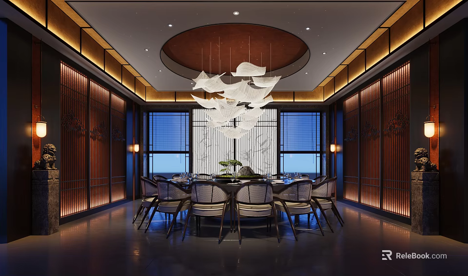 Elegant Chinese Private Dining Room With Round Table White Bird Shaped Chandelier And Wooden Panels 3d model 