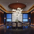 Elegant Chinese Private Dining Room With Round Table White Bird Shaped Chandelier And Wooden Panels