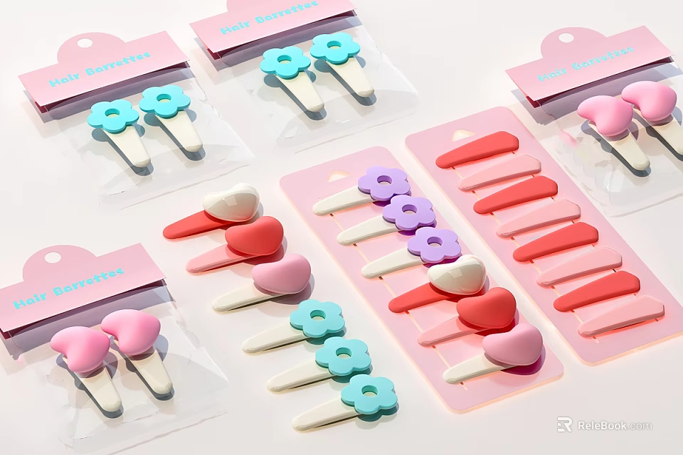Colorful Hair Clips With Flower Heart Shapes In Transparent Plastic Packaging 3d model 