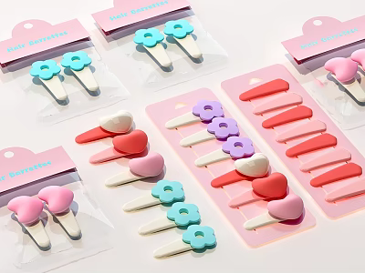 Colorful Hair Clips With Flower Heart Shapes In Transparent Plastic Packaging 3d model