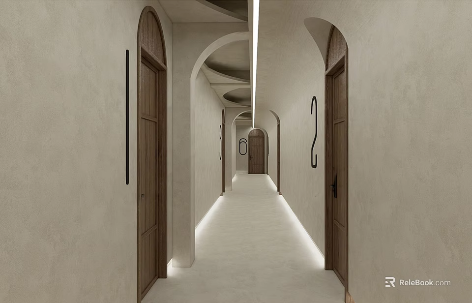 Modern Hotel Corridor Interior With Arched Doorways Wooden Doors And Linear Lighting 3d model 