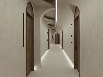 Modern Hotel Corridor Interior With Arched Doorways Wooden Doors And Linear Lighting 3d model