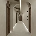 Modern Hotel Corridor Interior With Arched Doorways Wooden Doors And Linear Lighting