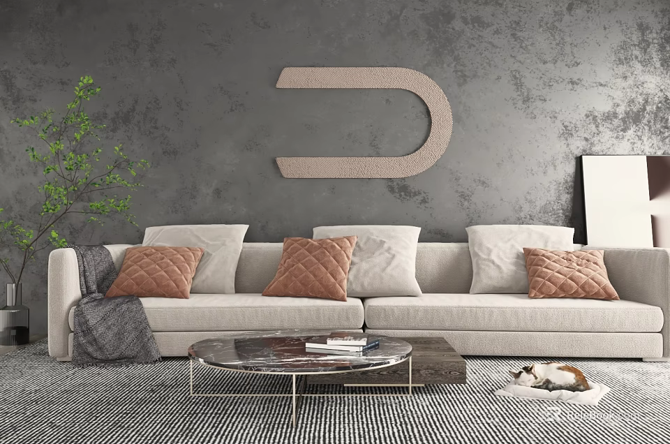 Beige Sectional Sofa With Orange Beige Pillows And Large D Shaped Wall Decor 3d model
