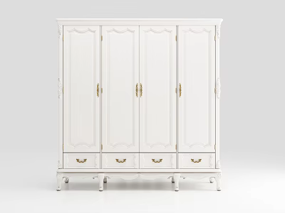 White Classic Wardrobe With Carved Doors Four Drawers And Gold Handles 3d model