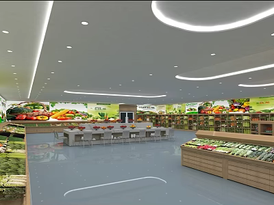 Spacious Supermarket Interior With Fresh Fruits Vegetables Wooden Shelves Glass Display Counters Ceiling Lighting 3d model