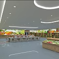 Spacious Supermarket Interior With Fresh Fruits Vegetables Wooden Shelves Glass Display Counters Ceiling Lighting