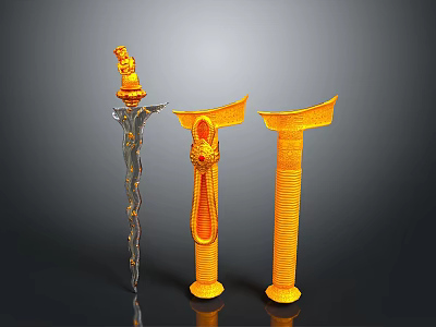 Three Decorative Weapons With Gold And Silver Intricate Ornate Carved Designs 3d model