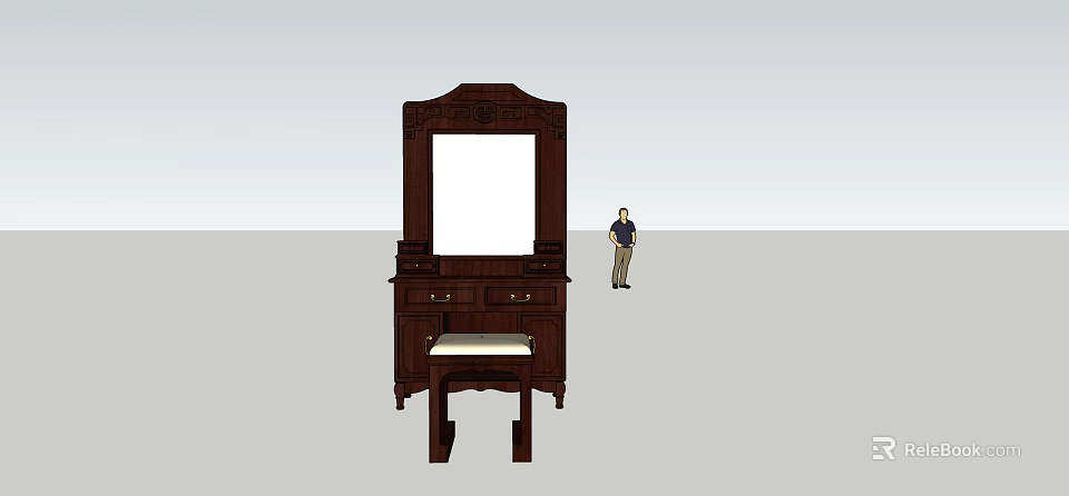 Traditional Dark Wooden Dressing Table With Large Mirror Drawers And Stool 3d model 