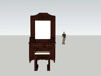 Traditional Dark Wooden Dressing Table With Large Mirror Drawers And Stool 3d model