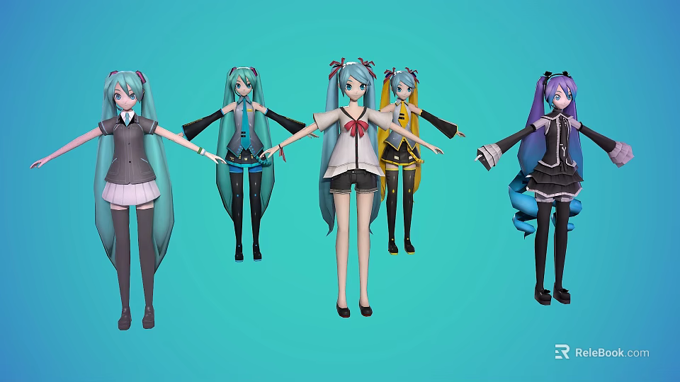 Anime Game Characters Featuring Blue Purple Hair Various Outfits Including School Uniforms Dresses Boots 3d model 