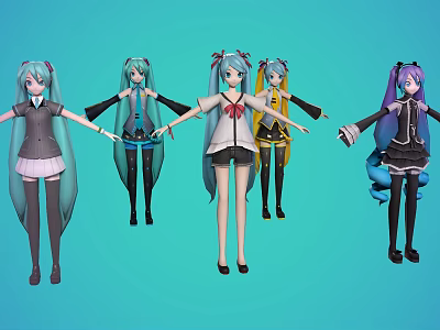 Anime Game Characters Featuring Blue Purple Hair Various Outfits Including School Uniforms Dresses Boots 3d model
