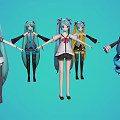 Anime Game Characters Featuring Blue Purple Hair Various Outfits Including School Uniforms Dresses Boots
