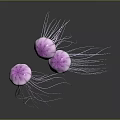 Three Purple Jellyfish With Long Tentacles Swimming In Gray Background