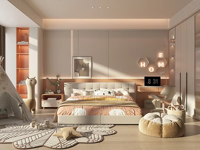 Cozy Kids Room Interior With Teepee Tent Play Rug HELLO Letter Lights And Stuffed Animal 3d model