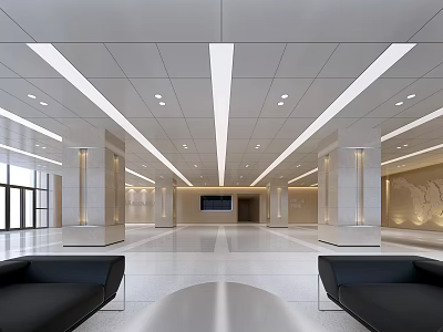 Modern Reception Desk In Elegant Lobby With Marble Columns And Black Sofas 3d model