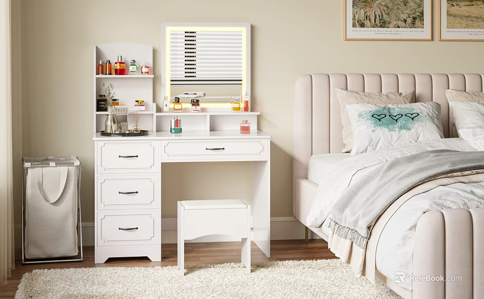Elegant Bedroom White Dressing Table With Lighted Mirror Drawers And Stool 3d model 