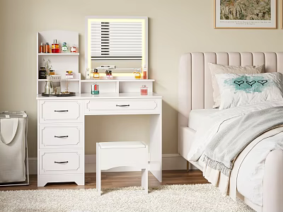 Elegant Bedroom White Dressing Table With Lighted Mirror Drawers And Stool 3d model