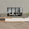 Modern Wooden TV Stand with Flat Screen TV Textured Wall Potted Plant and Area Rug
