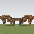 Wooden Pergola with Intricate Grid Design and Pool Below Connected Sections