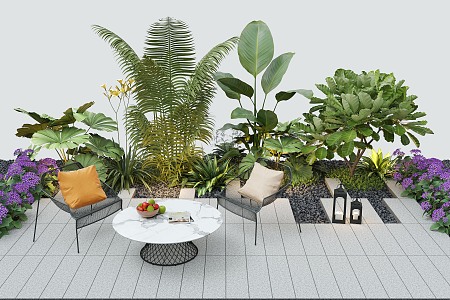 Courtyard landscape outdoor leisure chair landscape plants courtyard pavement 3d model