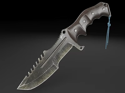 Tactical Combat Knife With Serrated Blade Black Ergonomic Handle And Blue Lanyard 3d model