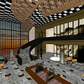 Modern Sales Office Interior With Spacious Layout Geometric Floor Pattern Hanging Decorations And Furniture