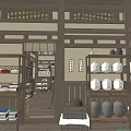 Traditional Japanese Shop Interior with Wooden Shelves Displaying Snacks and Hanging Lanterns