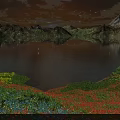 Stunning Starry Night Alpine Lake Landscape With Blooming Vibrant Wild Flowers On Green Surrounding Hills