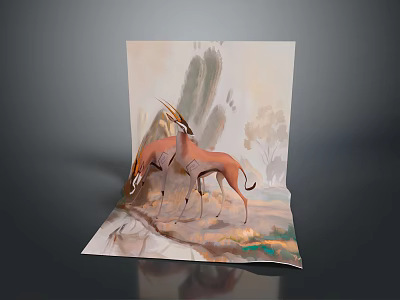 Artistic Painting Featuring Two Antelopes In Natural Background With Trees And Grass 3d model