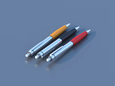 Three Colored Metal Pens with Orange Black Red Sleek Design and Silver Accents 3d model