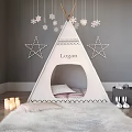 Cozy Kids Teepee with Logan Name Star Decorations on Furry Rug and Bunny Toys